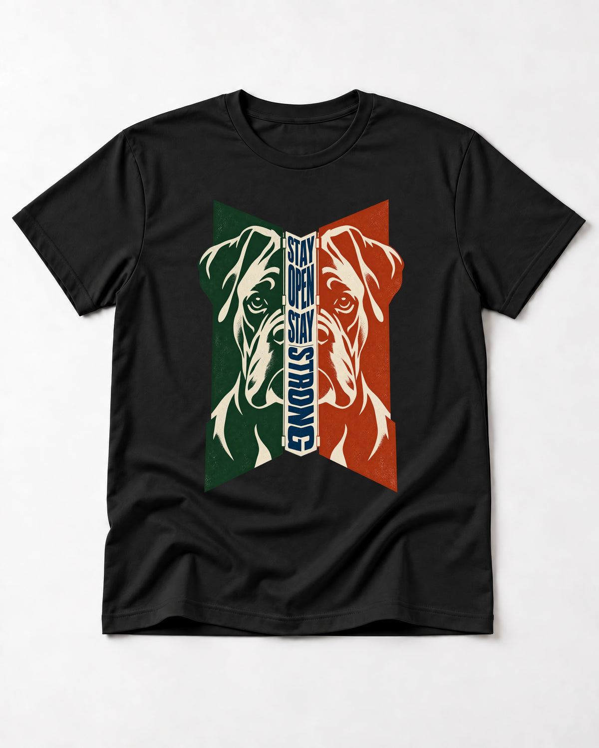Boxer Stay Open Stay Strong T-Shirt in Black, flat lay product photo