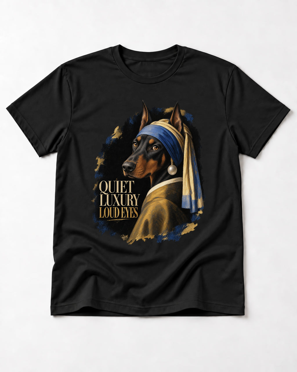 Doberman Quiet Luxury Loud Eyes Pearl Portrait Graphic T-Shirt in Black, flat lay product photo