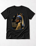 Doberman Quiet Luxury Loud Eyes Pearl Portrait Graphic T-Shirt in Black, flat lay product photo