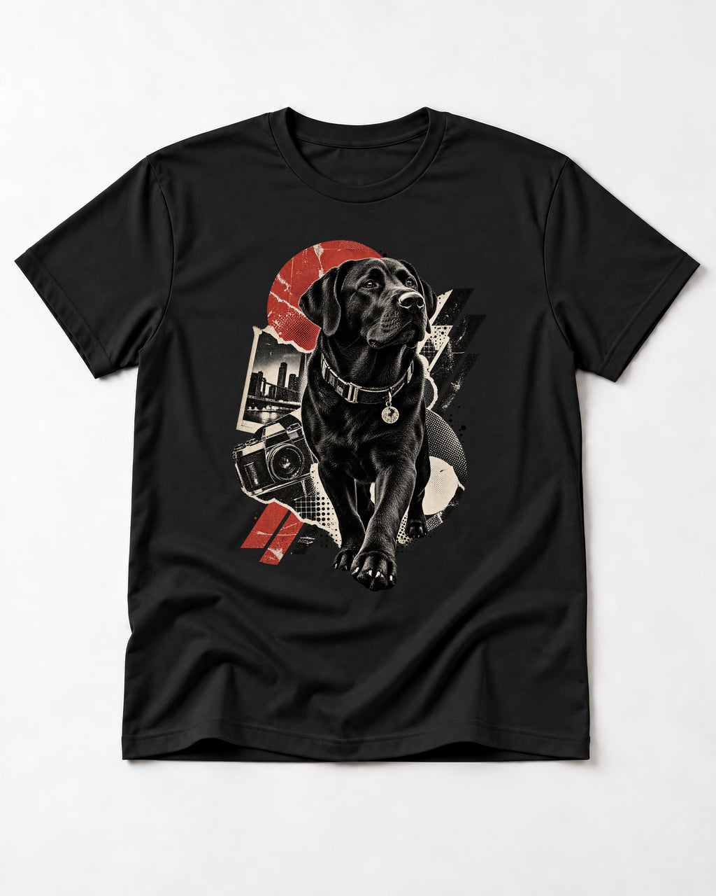 Labrador Retriever Camera City Halftone Collage Graphic T-Shirt in Black, flat lay product photo