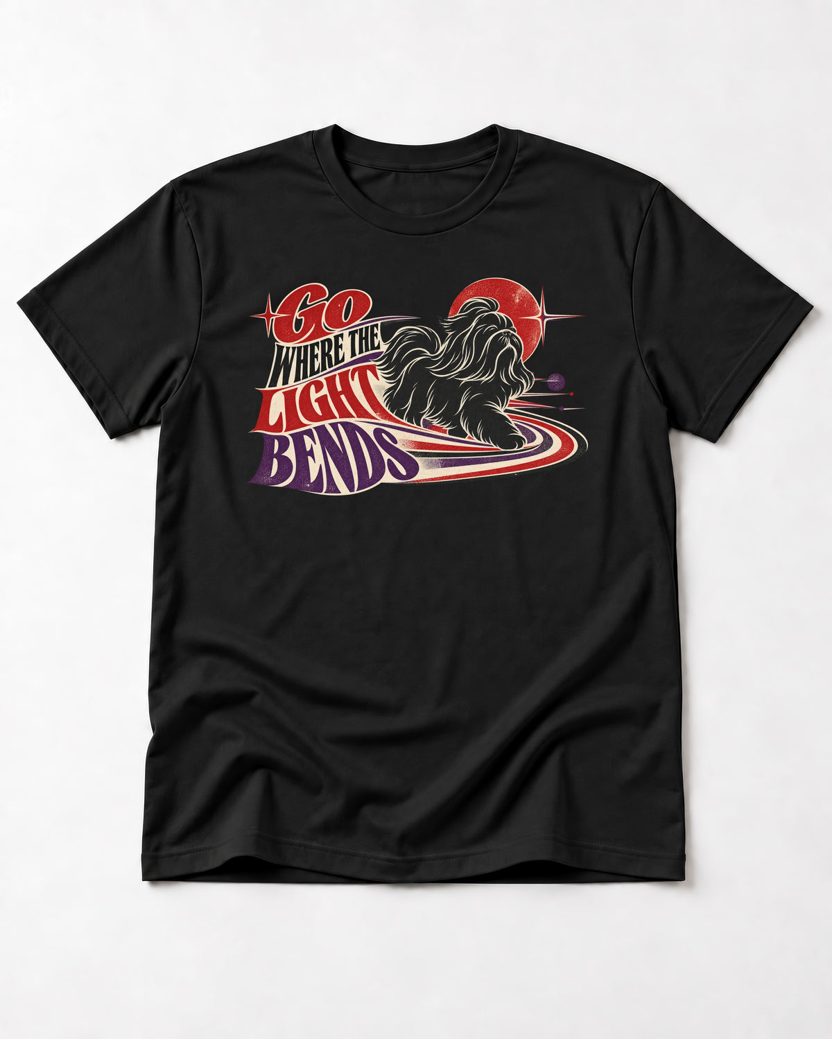 Shih Tzu Go Where the Light Bends Cosmic Orbit Graphic T-Shirt in Black, flat lay product photo