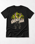 Frenchie Gremlin Hour Multi Portrait Graphic T-Shirt in Black, flat lay product photo