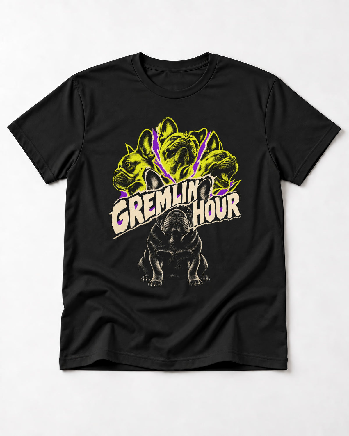 Frenchie Gremlin Hour Multi Portrait Graphic T-Shirt in Black, flat lay product photo