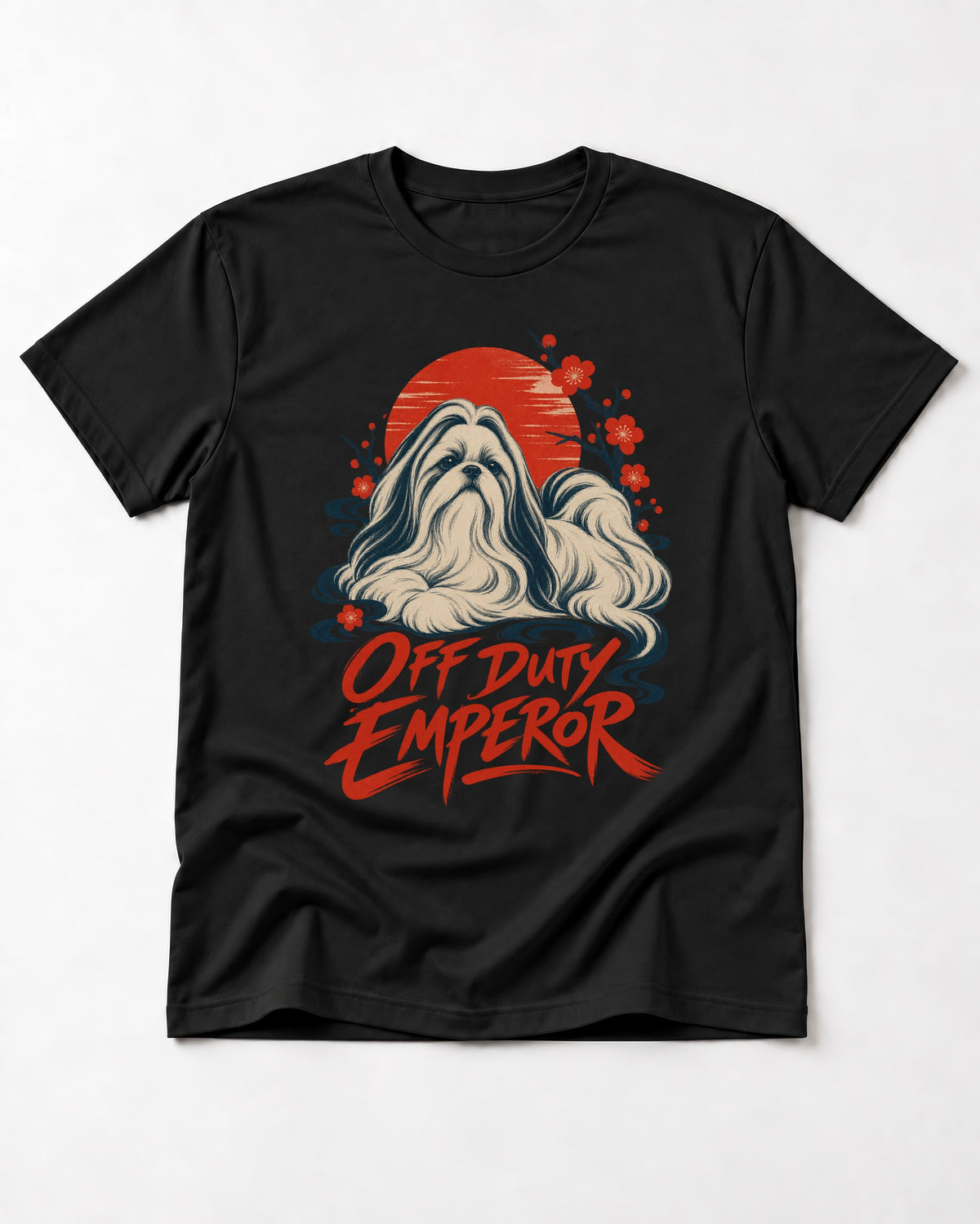 Shih Tzu Off Duty Emperor Sunset Blossom Graphic T-Shirt in Black, flat lay product photo