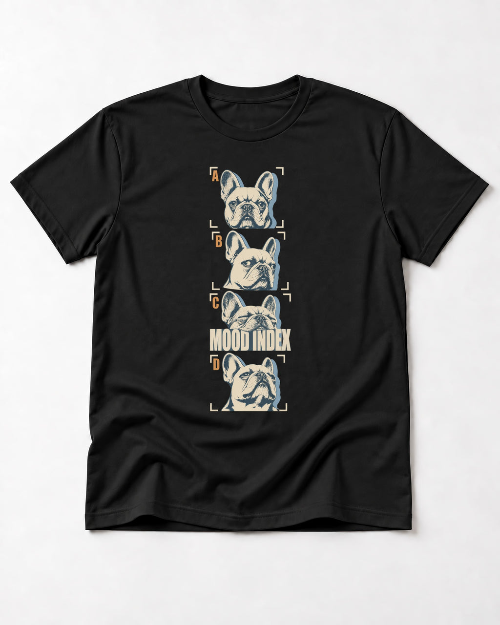 Frenchie Mood Index Four-Panel Strip Graphic T-Shirt in Black, flat lay product photo