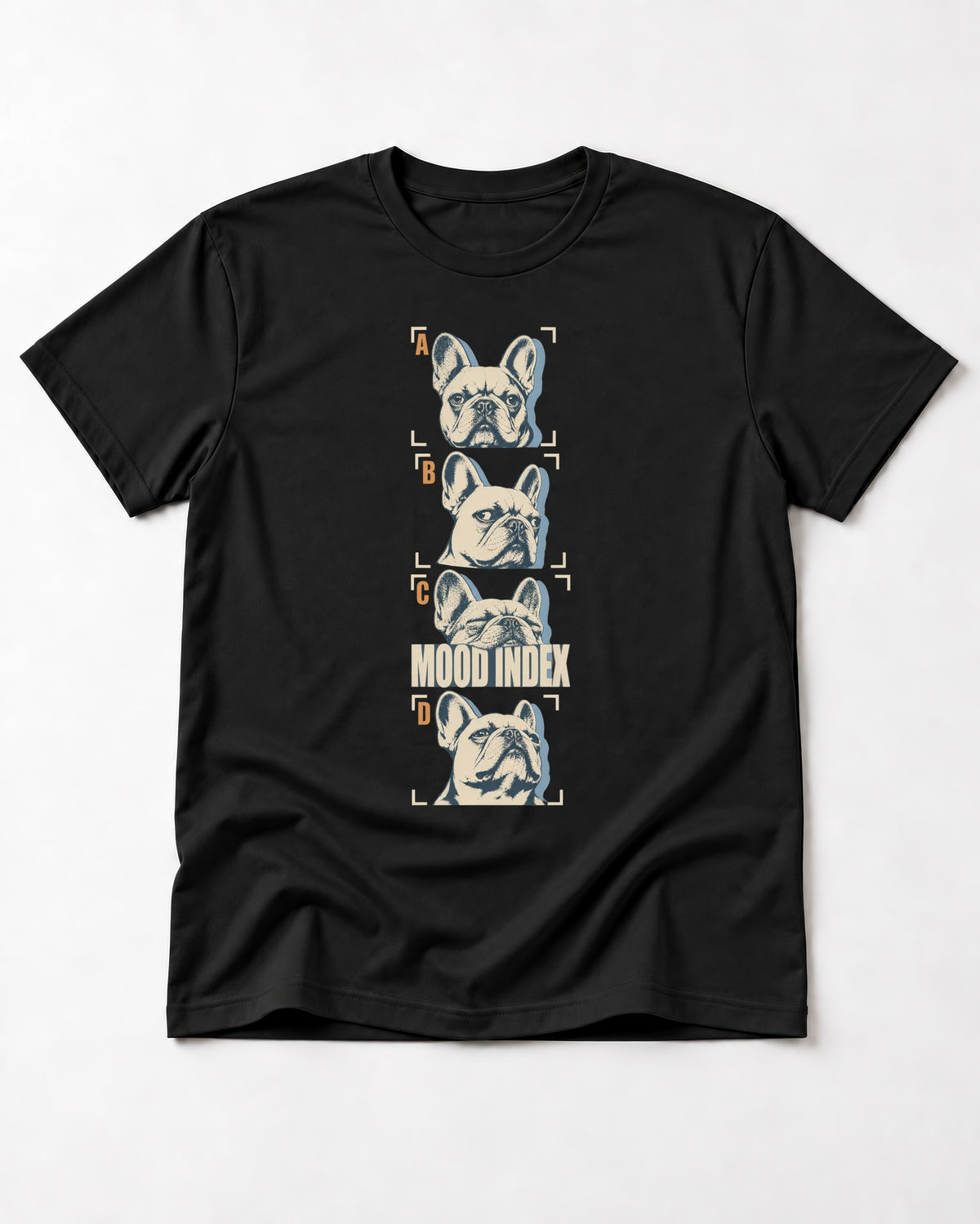 Frenchie Mood Index Four-Panel Strip Graphic T-Shirt in Black, flat lay product photo