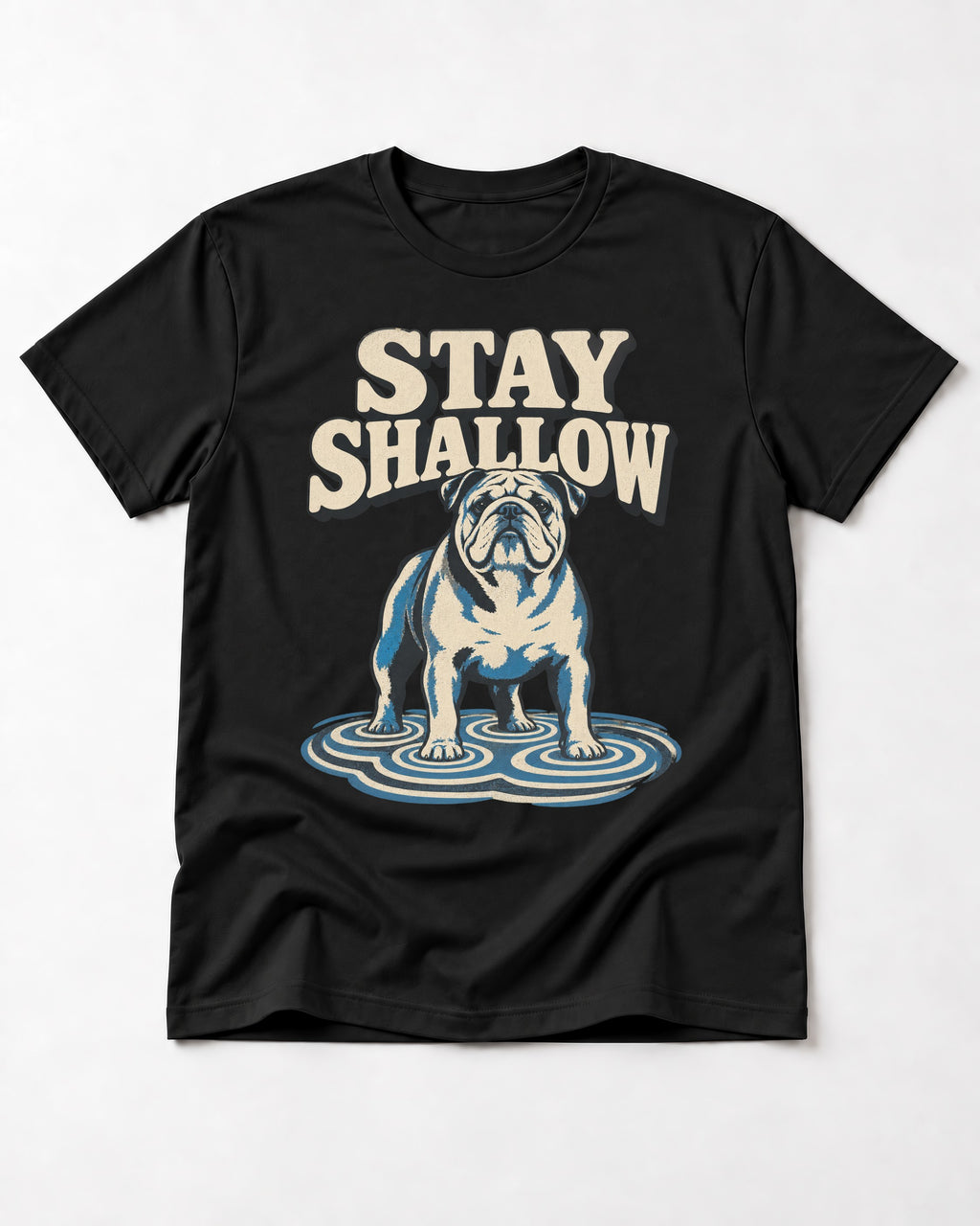 English Bulldog Stay Shallow Ripple Graphic T-Shirt in Black, flat lay product photo