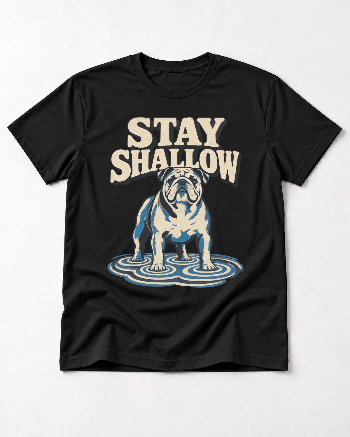 English Bulldog Stay Shallow Ripple Graphic T-Shirt in Black, flat lay product photo