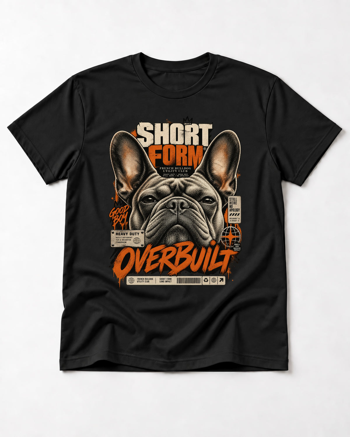 Frenchie Short Form Overbuilt Utility Club Poster Graphic T-Shirt in Black, flat lay product photo