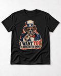 I Want You to Bring Better Energy Boxer Recruitment Poster Graphic T-Shirt in Black, flat lay product photo