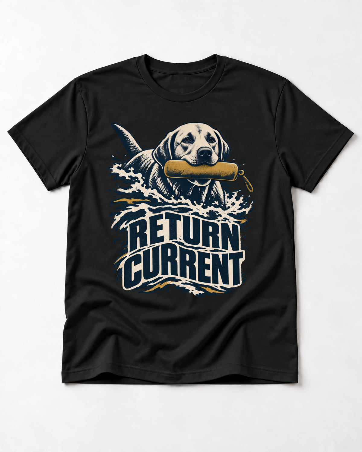 Return Current Water Retrieve Labrador Retriever Graphic T-Shirt in Black, flat lay product photo