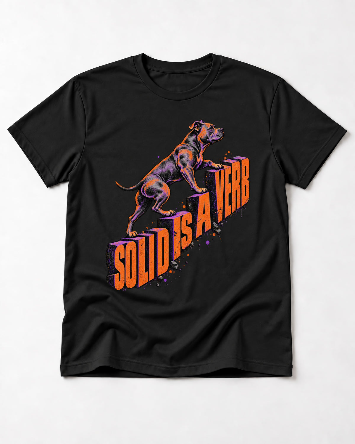 Pitbull Solid Is a Verb Step Type Graphic T-Shirt in Black, flat lay product photo