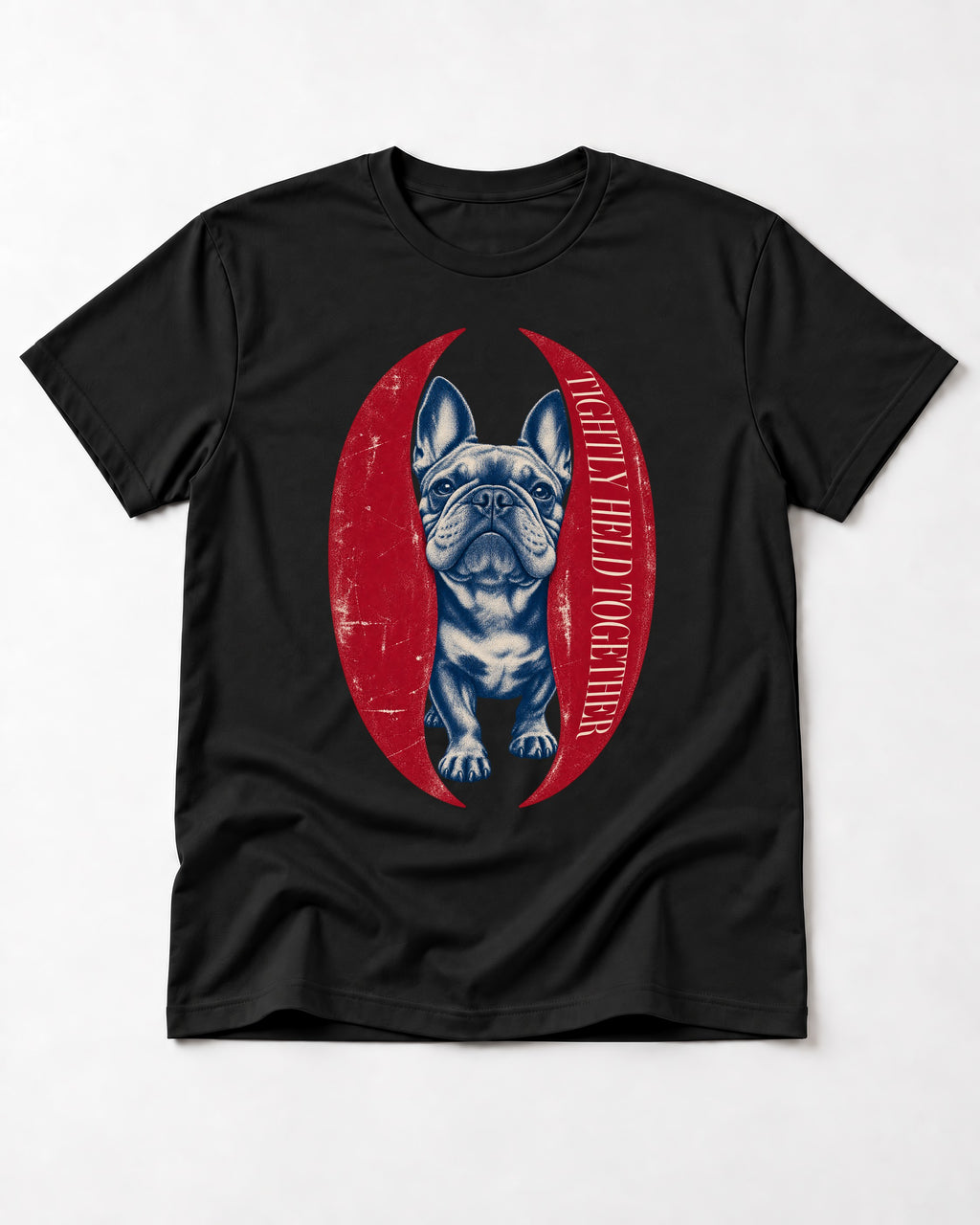 Frenchie Tightly Held Together Red Oval Graphic T-Shirt in Black, flat lay product photo
