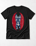 Frenchie Tightly Held Together Red Oval Graphic T-Shirt in Black, flat lay product photo