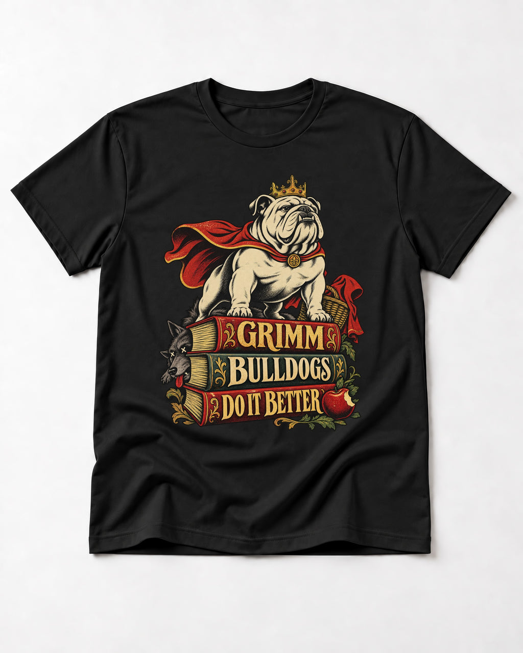 English Bulldog Grimm Bulldogs Do It Better Storybook Graphic T-Shirt in Black, flat lay product photo