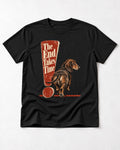 Dachshund The End Takes Time Exclamation Mark Graphic T-Shirt in Black, flat lay product photo