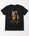 Yorkshire Terrier Quiet Luxury Loud Eyes Pearl Portrait Graphic T-Shirt in Black, flat lay product photo