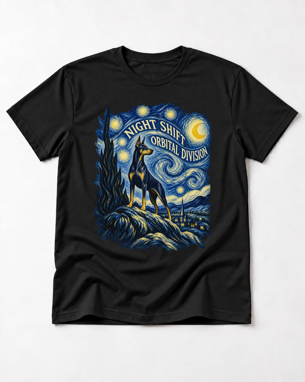 Doberman Night Shift Orbital Division Starry Night Graphic T-Shirt in Black, flat lay product photo