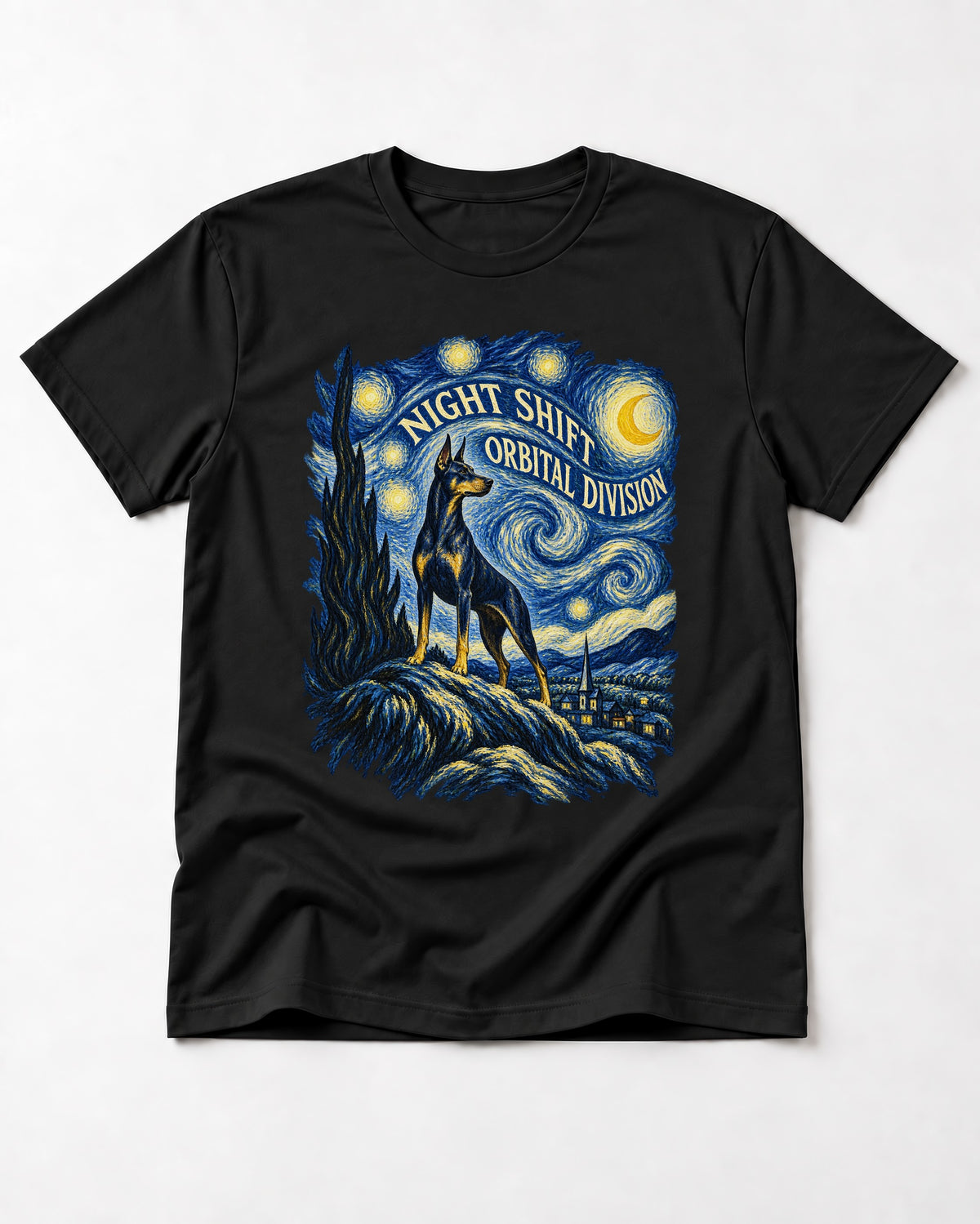 Doberman Night Shift Orbital Division Starry Night Graphic T-Shirt in Black, flat lay product photo