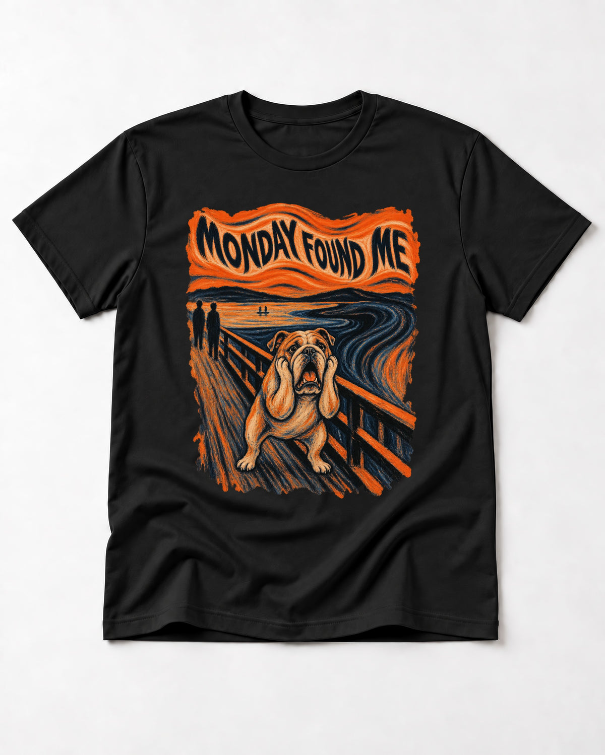 English Bulldog Monday Found Me Scream Graphic T-Shirt in Black, flat lay product photo