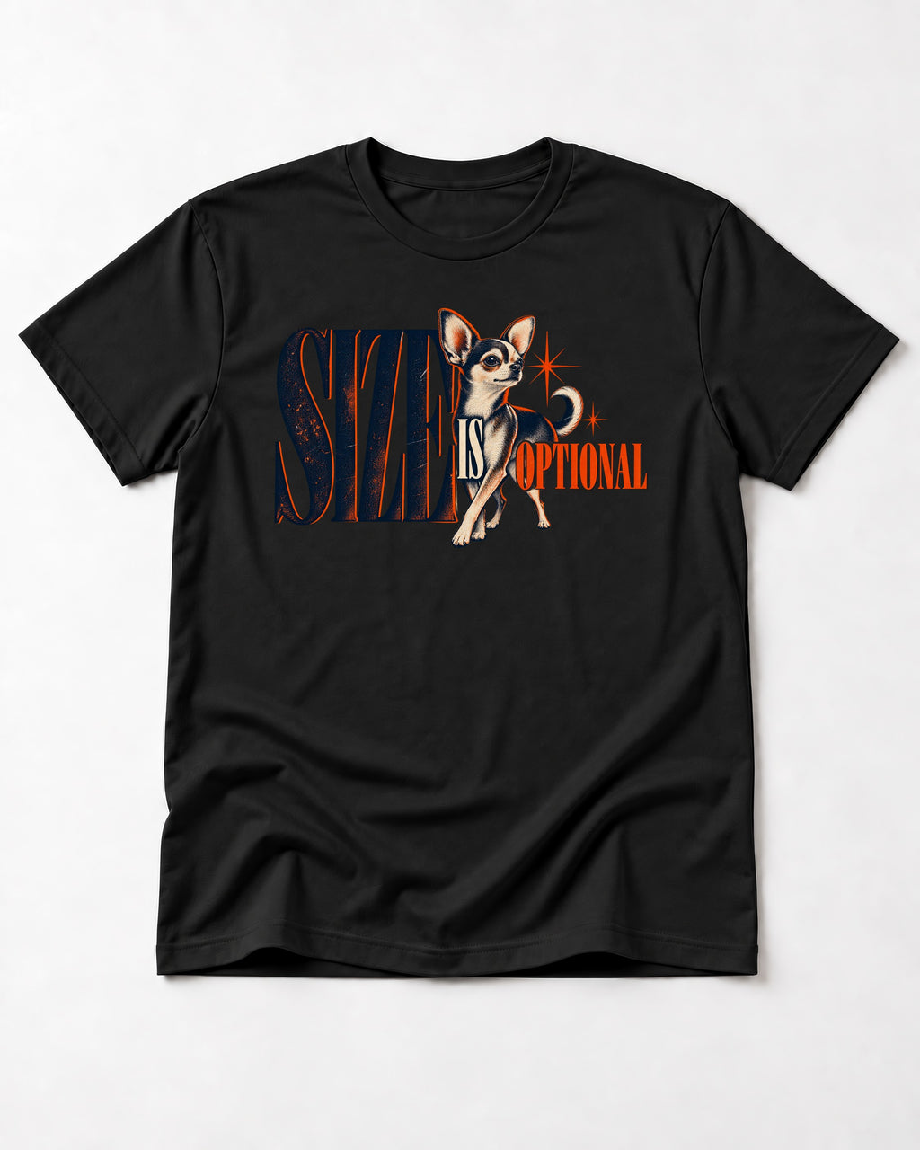 Chihuahua Size Is Optional Starburst Graphic T-Shirt in Black, flat lay product photo