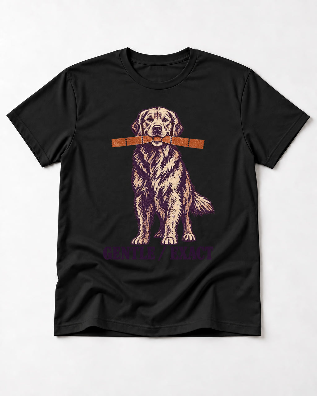 Golden Retriever Gentle Exact Paper Bridge Graphic T-Shirt in Black, flat lay product photo