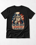 Shih Tzu You Have Been Selected Uncle Sam Graphic T-Shirt in Black, flat lay product photo