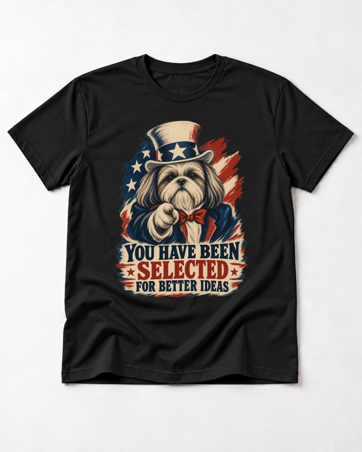 Shih Tzu You Have Been Selected Uncle Sam Graphic T-Shirt in Black, flat lay product photo