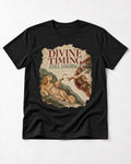 Divine Timing Still Loading Creation Scene Golden Retriever Graphic T-Shirt in Black, flat lay product photo