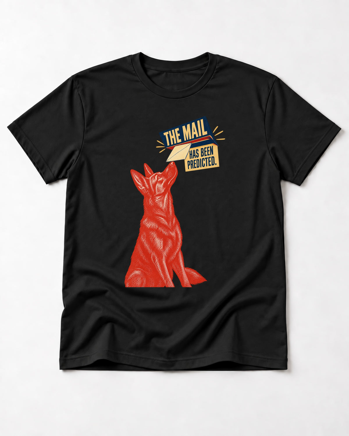 German Shepherd Dog Mail Predicted Graphic T-Shirt in Black, flat lay product photo