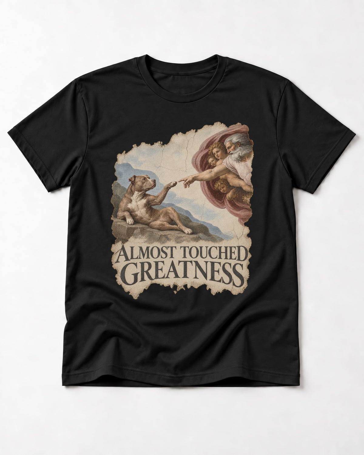 Pitbull Almost Touched Greatness Creation Parody Graphic T-Shirt in Black, flat lay product photo