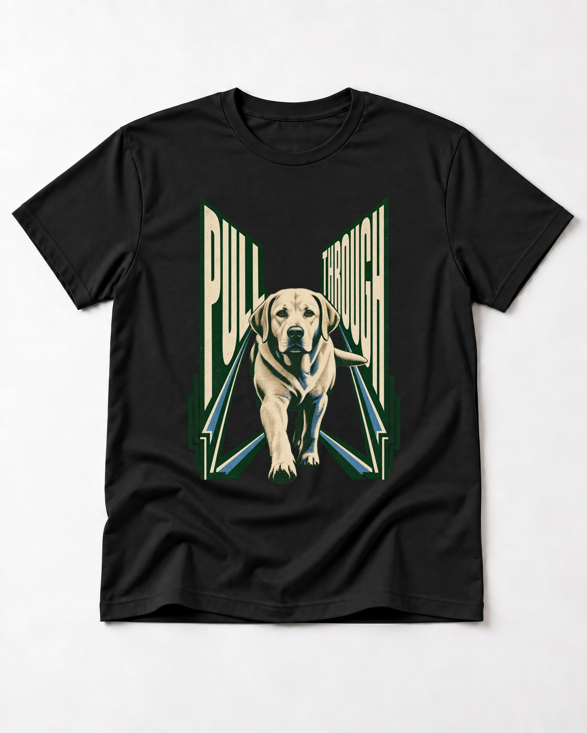 Labrador Retriever Pull Through Perspective Graphic T-Shirt in Black, flat lay product photo