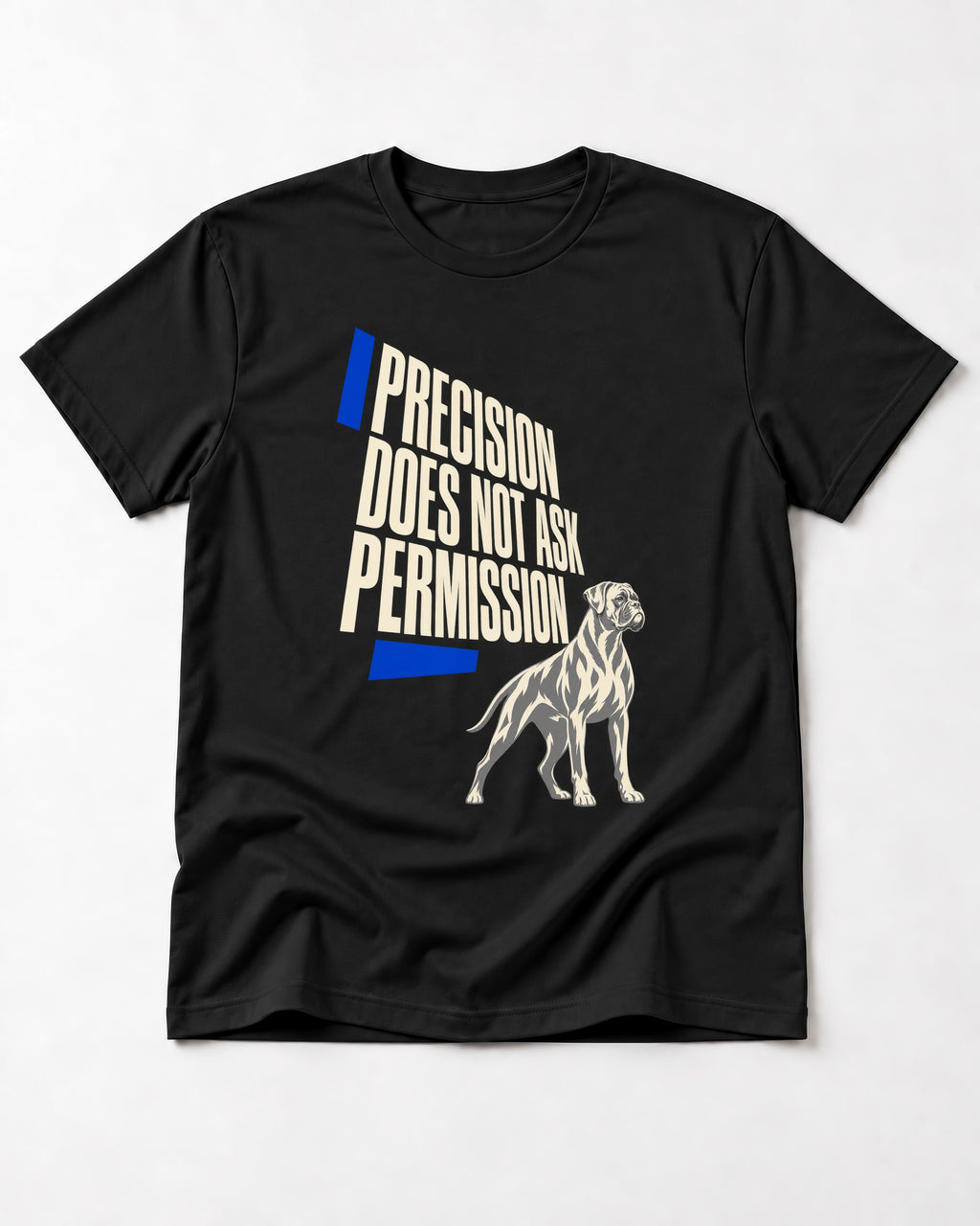 Precision Does Not Ask Permission Boxer T-Shirt in Black, flat lay product photo