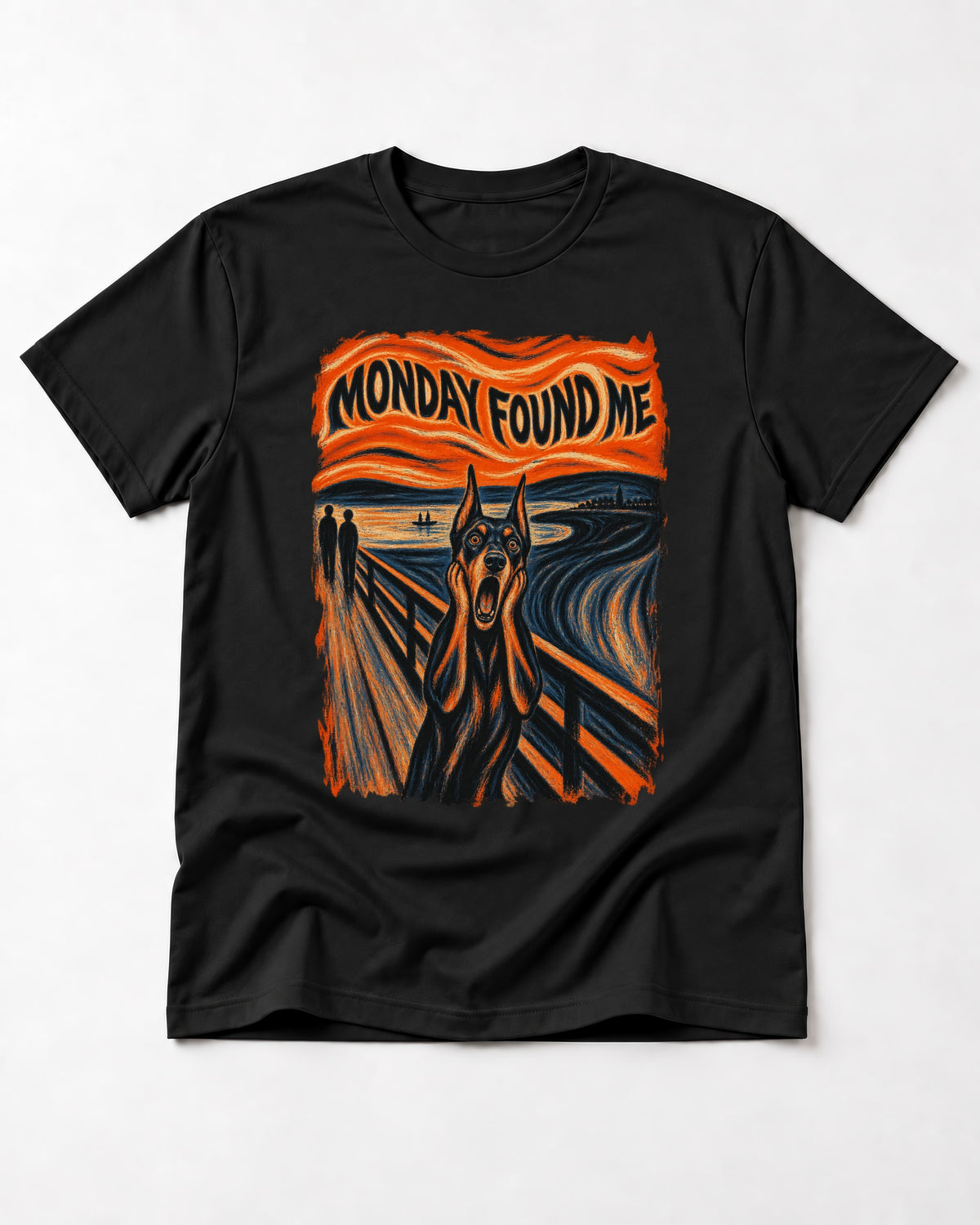 Doberman Monday Found Me Scream Graphic T-Shirt in Black, flat lay product photo