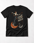 Yorkshire Terrier Logic Took the Night Off Art Deco Graphic T-Shirt in Black, flat lay product photo
