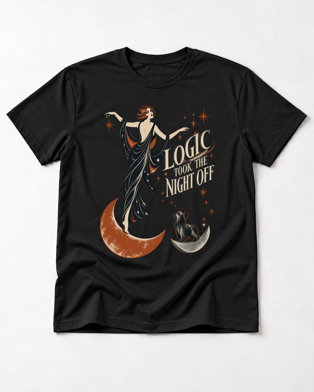 Yorkshire Terrier Logic Took the Night Off Art Deco Graphic T-Shirt in Black, flat lay product photo