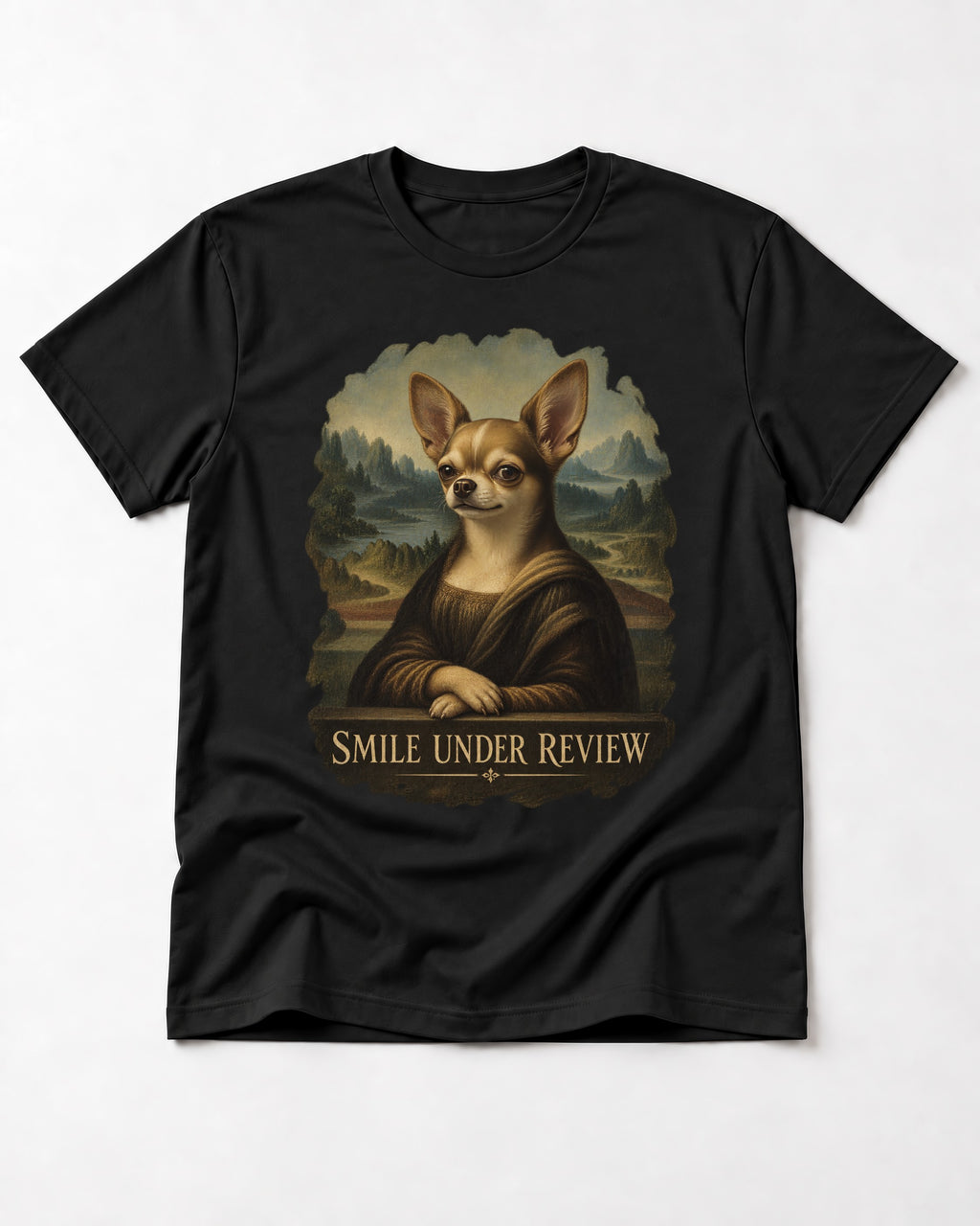 Chihuahua Smile Under Review Mona Lisa Portrait T-Shirt in Black, flat lay product photo