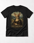 Chihuahua Smile Under Review Mona Lisa Portrait T-Shirt in Black, flat lay product photo