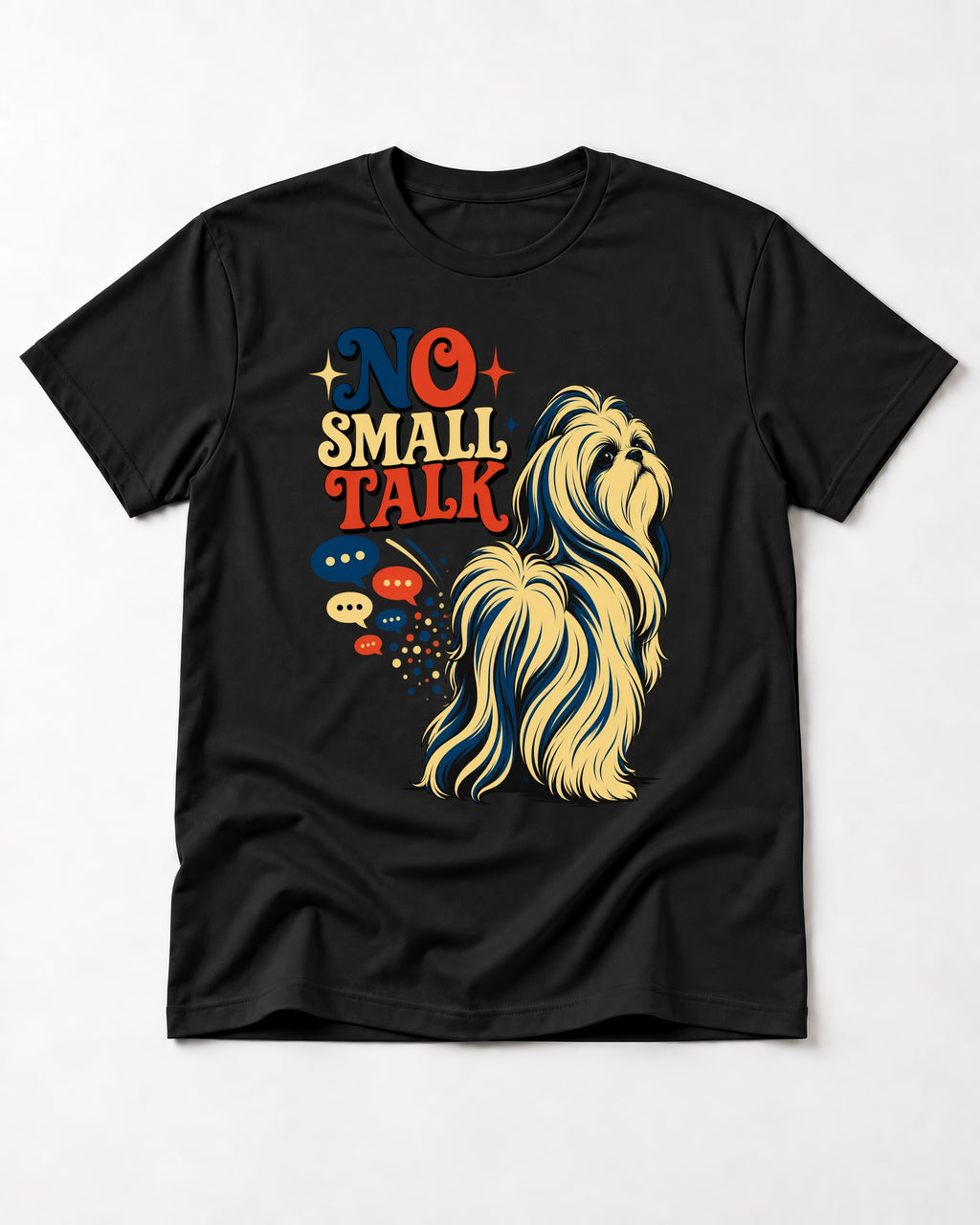 Shih Tzu No Small Talk Speech Bubble Graphic T-Shirt in Black, flat lay product photo
