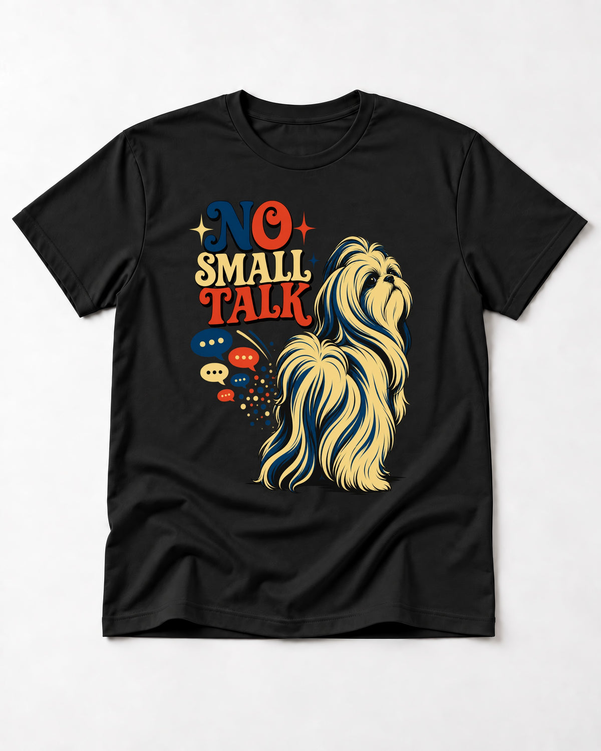Shih Tzu No Small Talk Speech Bubble Graphic T-Shirt in Black, flat lay product photo