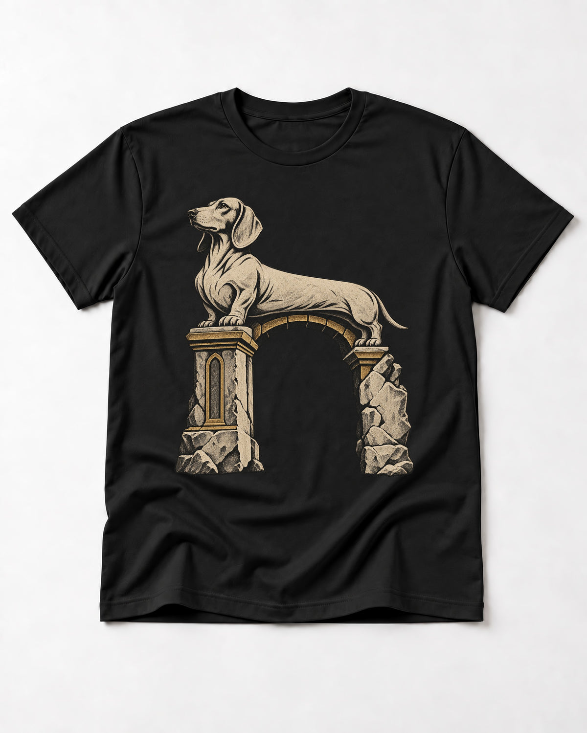 Dachshund Ruined Stone Arch Monument Graphic T-Shirt in Black, flat lay product photo