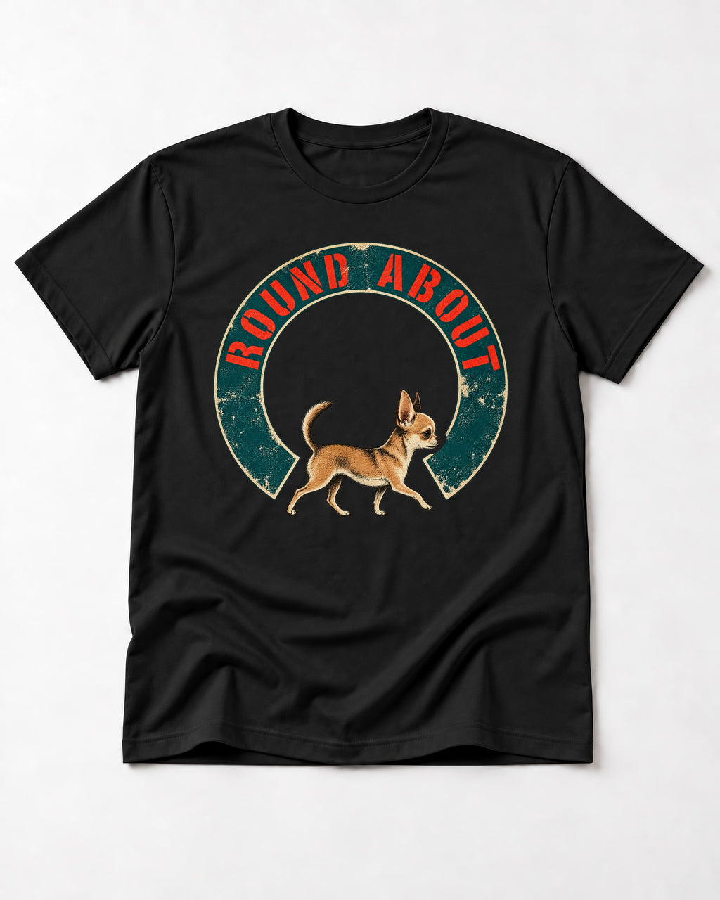 Round About Chihuahua Emblem Graphic T-Shirt in Black, flat lay product photo