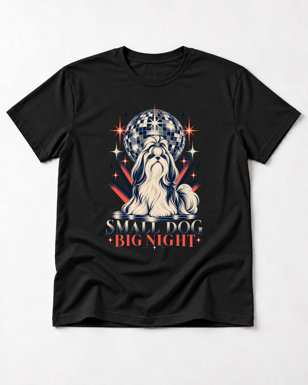 Shih Tzu Small Dog Big Night Disco Graphic T-Shirt in Black, flat lay product photo