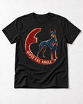 Doberman Quote the Angle Crescent Graphic T-Shirt in Black, flat lay product photo