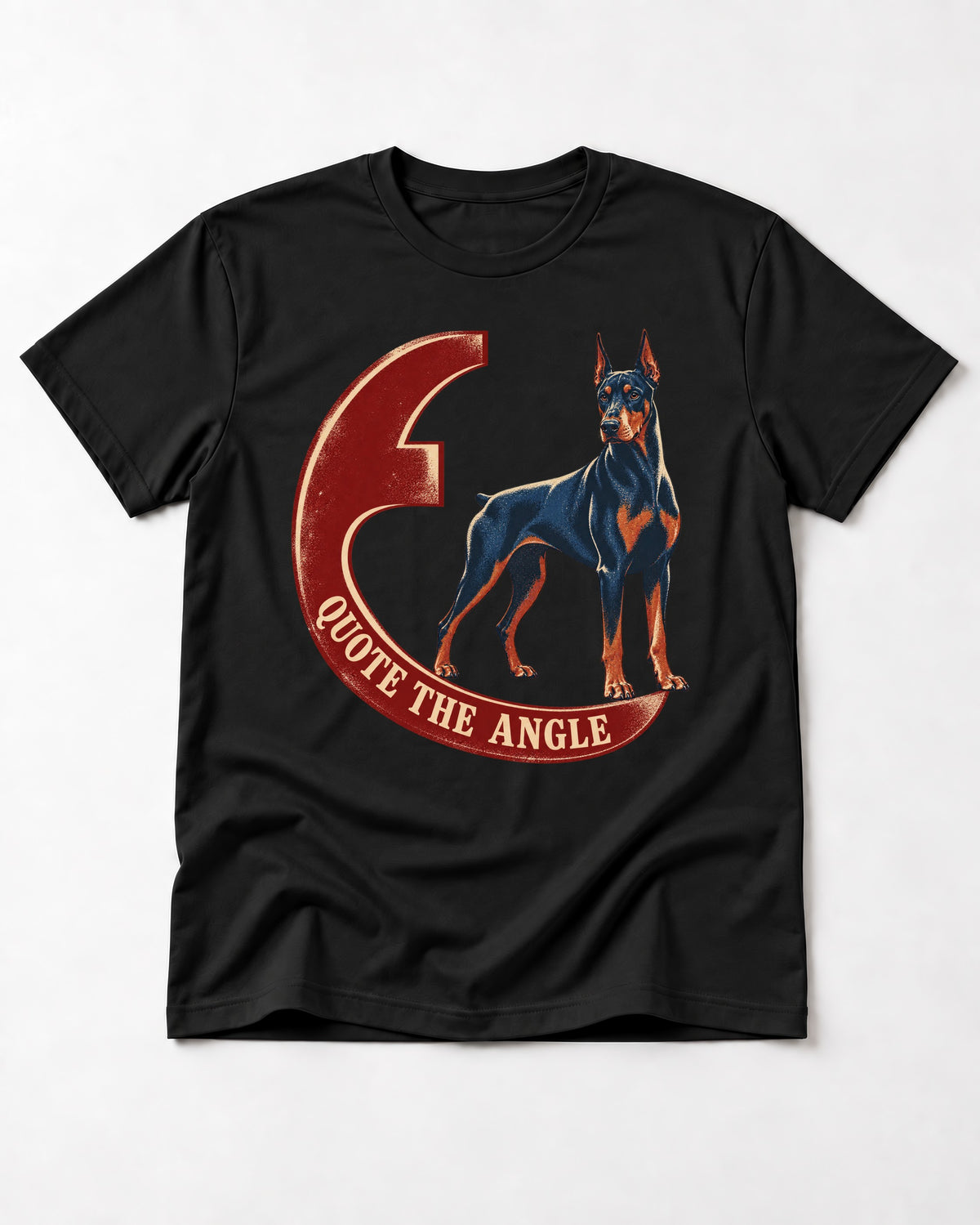 Doberman Quote the Angle Crescent Graphic T-Shirt in Black, flat lay product photo