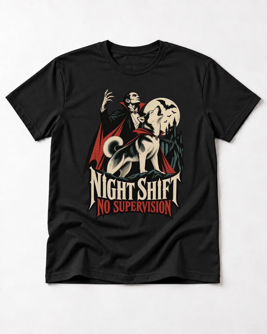 Husky Night Shift No Supervision Vampire Graphic T-Shirt in Black, flat lay product photo
