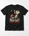 Husky Night Shift No Supervision Vampire Graphic T-Shirt in Black, flat lay product photo