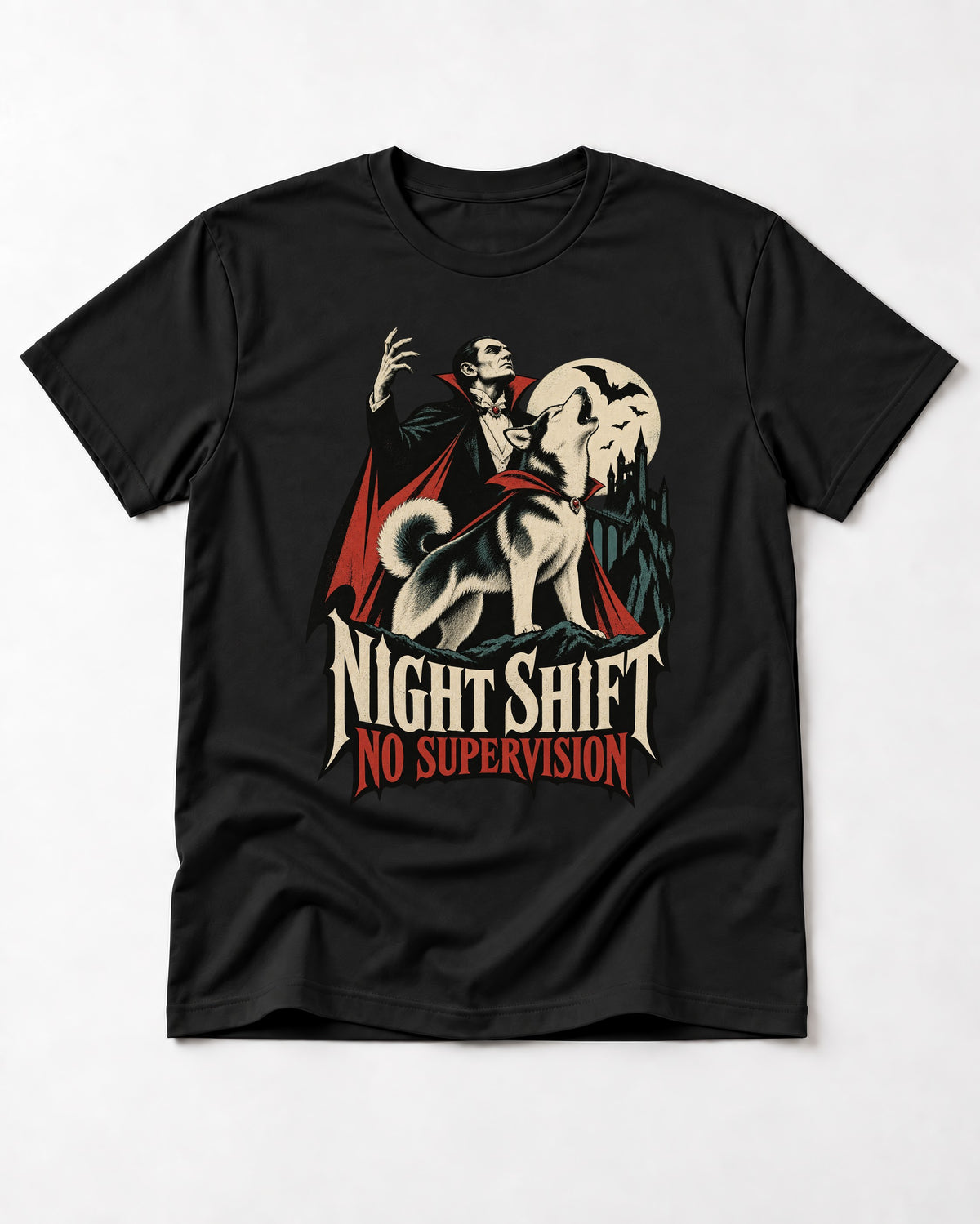 Husky Night Shift No Supervision Vampire Graphic T-Shirt in Black, flat lay product photo