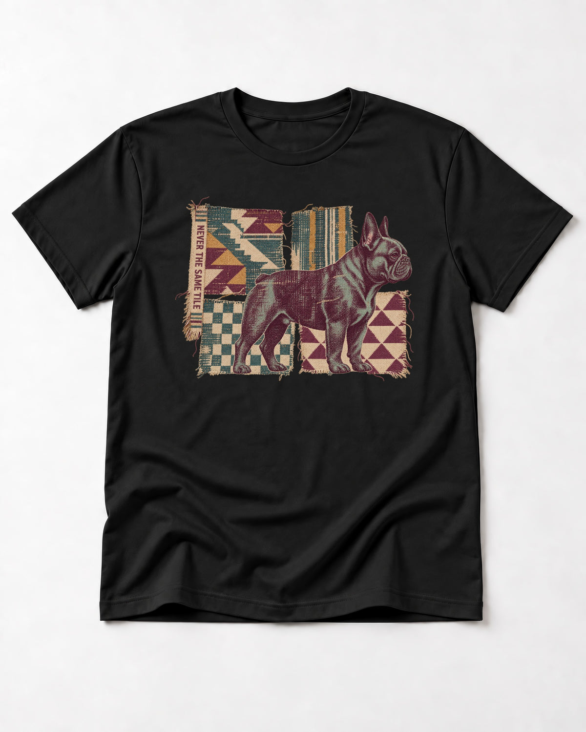 Frenchie Never the Same Tile Textile Graphic T-Shirt in Black, flat lay product photo