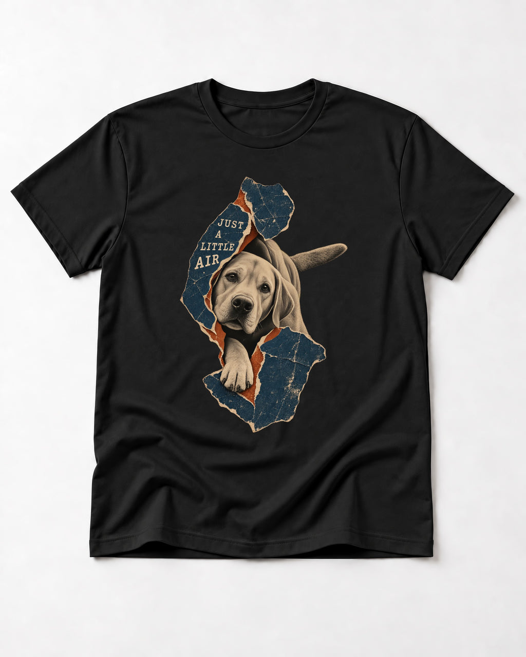 Labrador Retriever Just a Little Air Torn Paper Graphic T-Shirt in Black, flat lay product photo